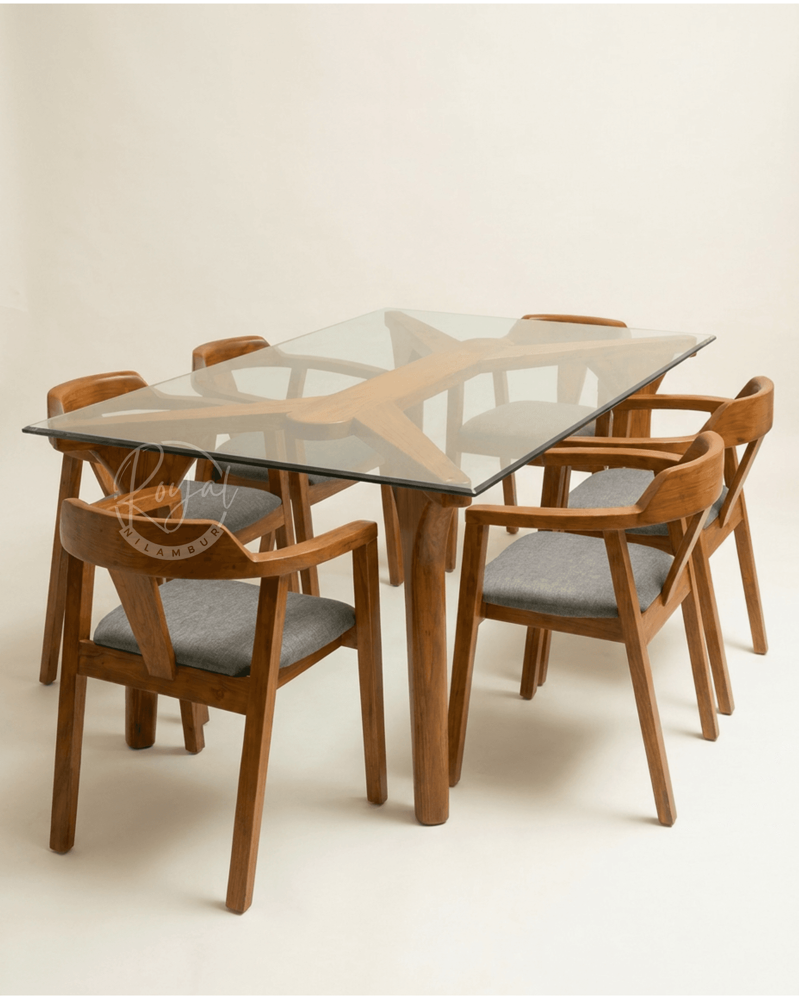 Royal Svarox Nilambur Teak Wood Dining Set With Glass Top