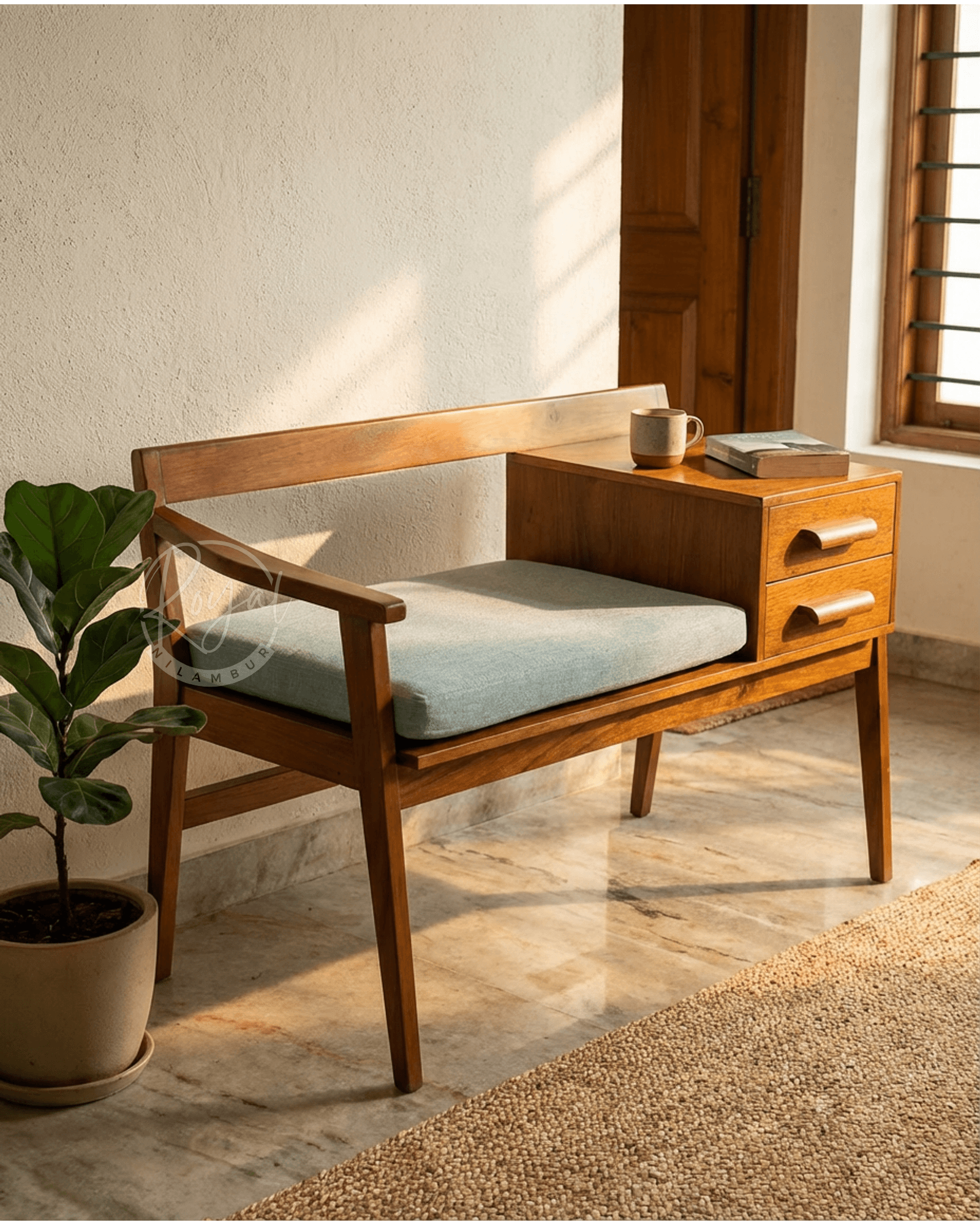 Royal Nivexia Nilambur Teak Wood Telephone Bench with Storage